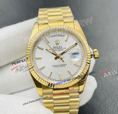 VR Factory Rolex Day Date 40 White Stick Face Yellow Gold 2836 Super Clone Watch